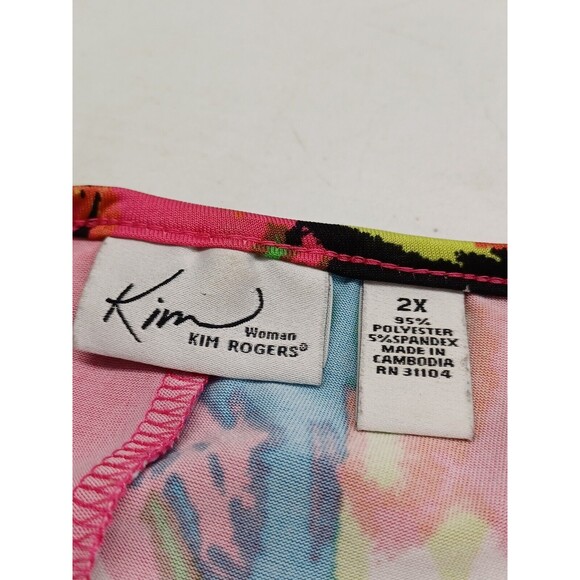 Kim Rogers Stretch Dress Pink Blue Watercolor Floral Pleated Short Sleeve 2X - Picture 10 of 11